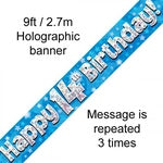 Blue Holographic Happy 14th Birthday Banner