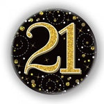 Badge - 21st Black and Gold 75mm Sparkling Fizz