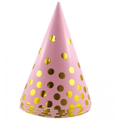 Party Hats -  Pink with Gold Metallic Spots Paper Cone Hats Pk6