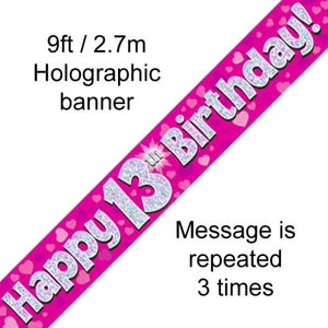 Banner - Pink Holographic Happy 13th Birthday Banner 2.7m