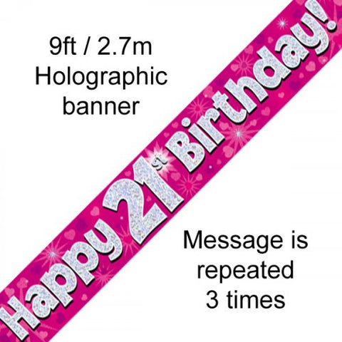 Banner - Pink Holographic Happy 21st Birthday Banner 2.7m