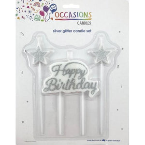 Candle Set - Birthday Plaque & Stars Gliter Silver