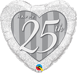 Foil Balloon - Qualatex Balloons Happy Anniversary Heart 25th stripes 45cm