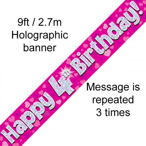 Foil Banner - Pink Holographic Happy 4th Birthday Banner