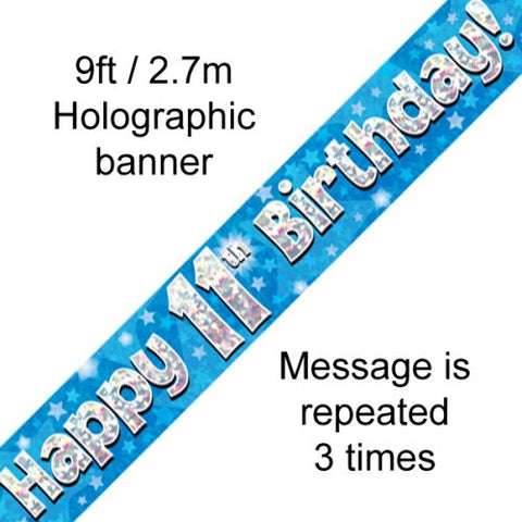 Foil Banner - Blue Holographic Happy 11th Birthday