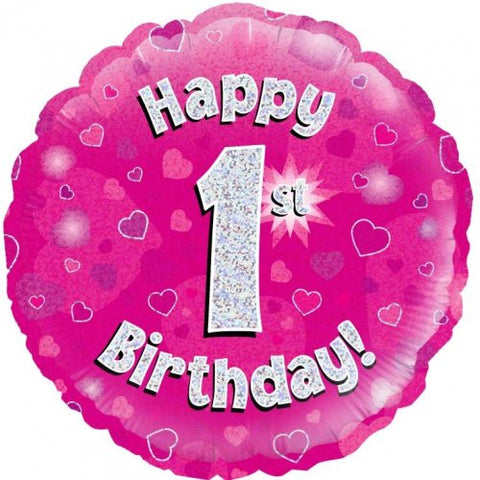 Foil balloon 18" - Pink Holographic Happy 1st Bday Oaktree