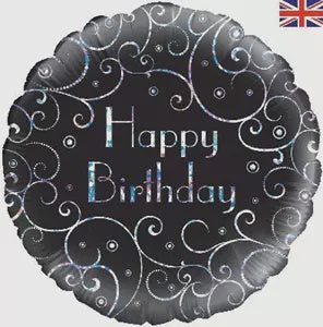 Foil Balloon 18" - Oaktree Happy Birthday Black Swirls Holographic