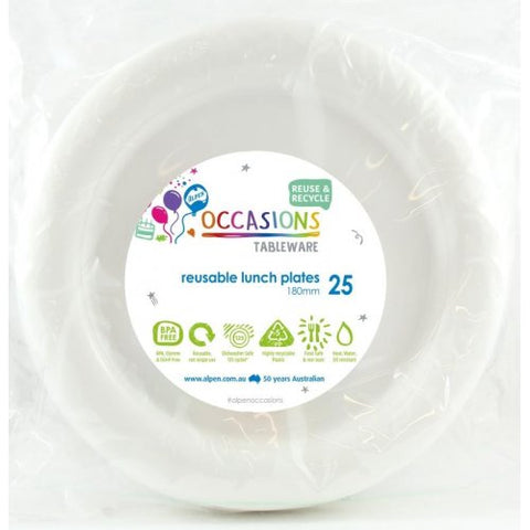 Reusable Plastic Lunch Plates - White Pk 25