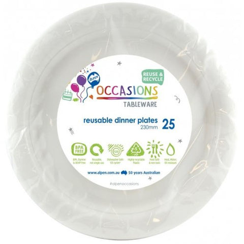 Reusable Plastic Dinner Plates - White Pk 25