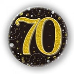 Badge - 70th  Black and Gold 75mm Sparkling Fizz