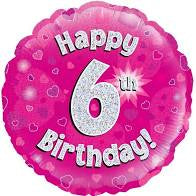 Foil Balloon 18" - Pink Holographic Happy 6th Bday Oaktree