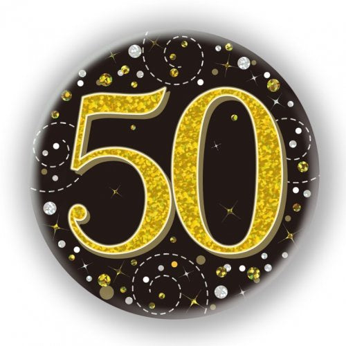 Badge - 50th  Black and Gold 75mm Sparkling Fizz