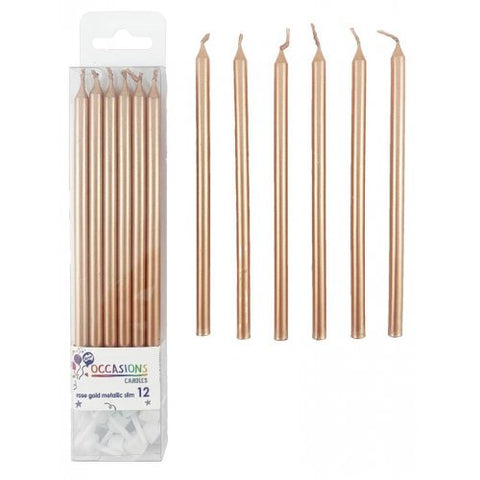 Cake Candle - Rose Gold Metallic Slim Candles 120mm with Holders Box12