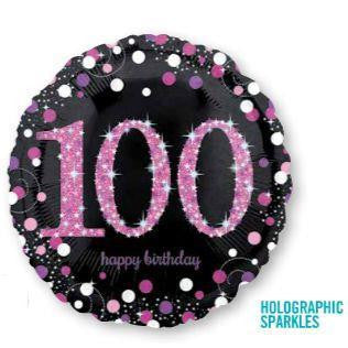 Foil Balloon 18" - 100th Celebration Pink Holographic Sparkles
