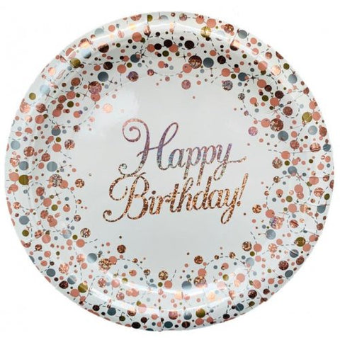 Paper Plate 9" -Happy Birthday Sparkling Fizz Rose Gold Pk8