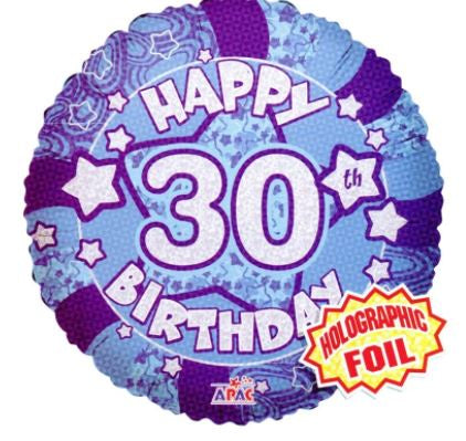 Foil Balloon 18" - Happy 30th Birthday Blue Holo