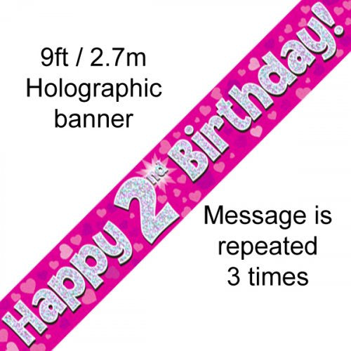 Foil Banner - Pink Holographic Happy 2nd Birthday Banner 2.7m