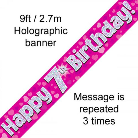 Banner - Pink Holographic Happy 7th Birthday Banner