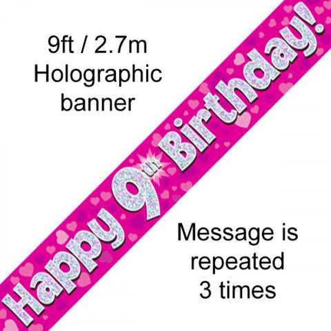 Banner - Pink Holographic Happy 9th Birthday Banner 2.7m