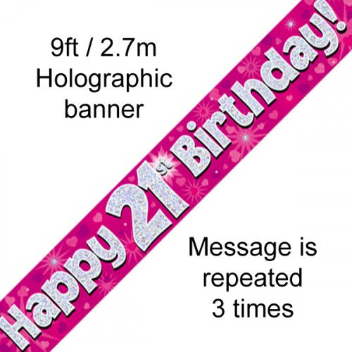 Banner - Pink Holographic Happy 21st Birthday Banner 2.7m