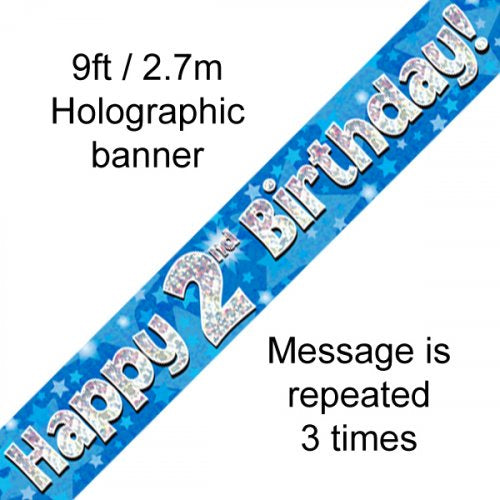 Foil Banner - Blue Holographic Happy 2nd Birthday Banner 2.7m