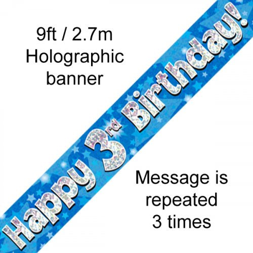 Foil Banner - Happy 3rd Birthday Banner Blue Holographic 2.7m