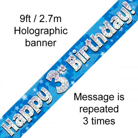 Foil Banner - Happy 3rd Birthday Banner Blue Holographic 2.7m