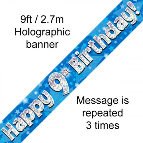 Banner - Blue Holographic Happy 9th Birthday Banner 2.7m