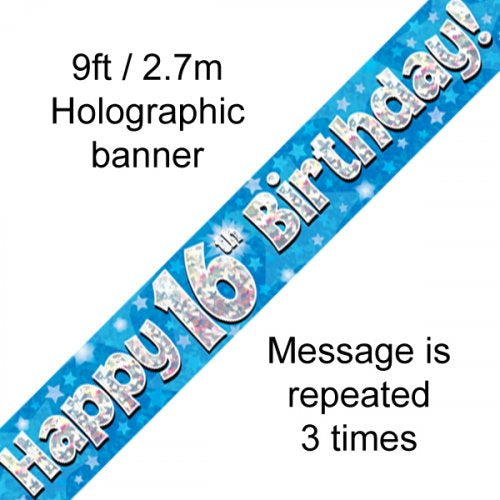 Foil Banner - Blue Holographic Happy 16th Birthday Banner 2.7m