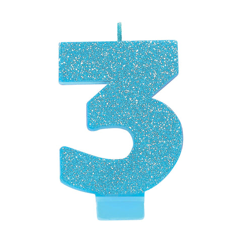 Candle - #3 Blue Glitter Numeral Candle