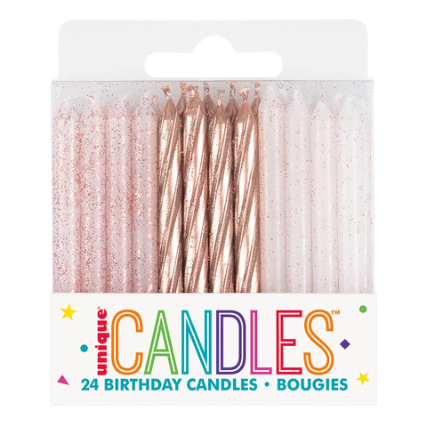 Birthday Candles - 24 Rose Gold & Rose Gold Glitter Assorted Spiral Candles