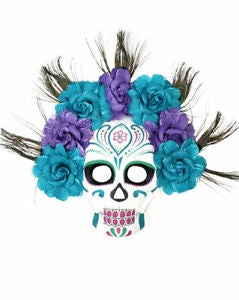 Mask - Sugar Skull Teal & Purple Flower & Feathers