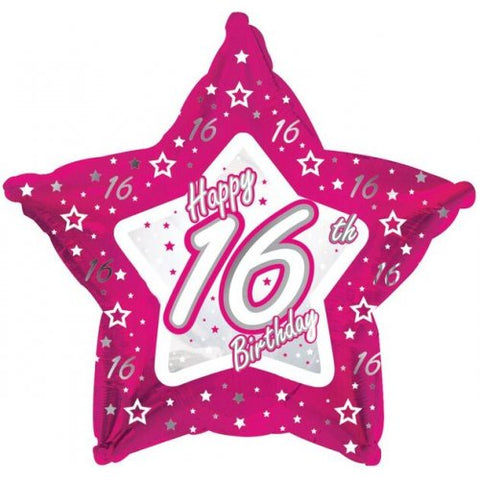 Foil Balloon 17" - Happy 16th Birthday Pink Star-shaped