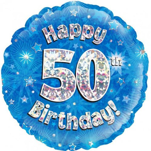 Foil Balloon 18" - Happy 50th Birthday Blue Holographic