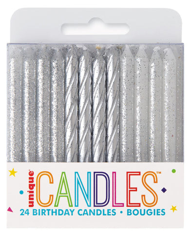 24 Candles - Silver & Silver Glitter Assorted Spiral Candles