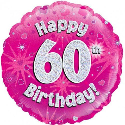 Foil Balloon 18" - 60th Pink Holographic Happy Birthday Round P1