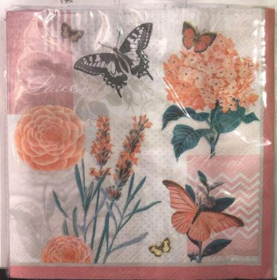 Lunch Napkins - Peach Butterfly 2PLY Pk20