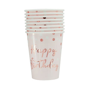 Paper Cups - Rose Gold Spotted Happy Birthday Paper Cups