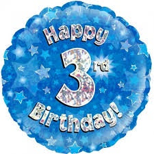 Foil balloon 18" - Blue Holographic Happy 3rd Bday Oaktree