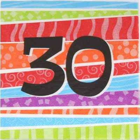 Printed Lunch Napkins - 30th Colourful 3PLY Pk25