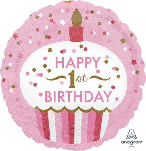 Foil Balloon 18" - Happy 1st Birthday Cupcake Pink