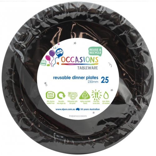 Reusable Plastic Dinner Plates - Black Pk 25