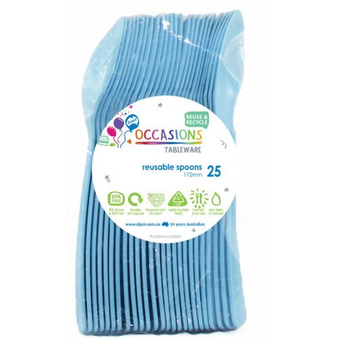 Reusable Plastic Spoons - Light Blue Pk 25