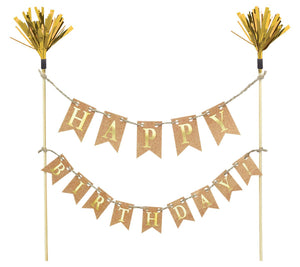Cake Topper - Cake Pick Happy Birthday Gold Wood with Paper & Foil