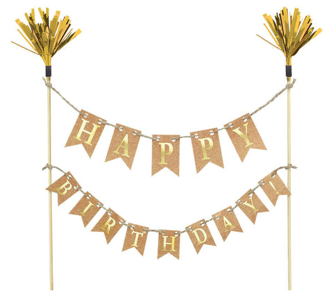 Cake Topper - Cake Pick Happy Birthday Gold Wood with Paper & Foil