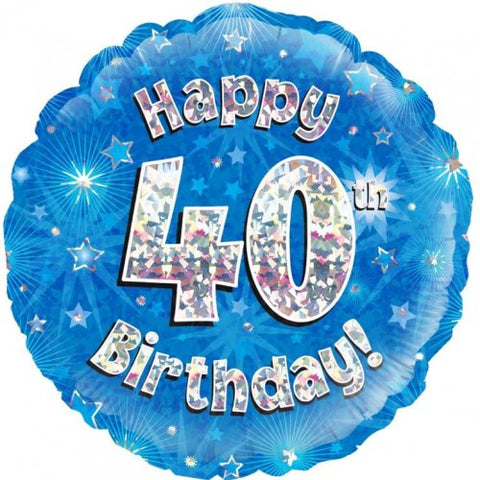 Foil Balloon 18" - Happy 40th Birthday Blue Holographic