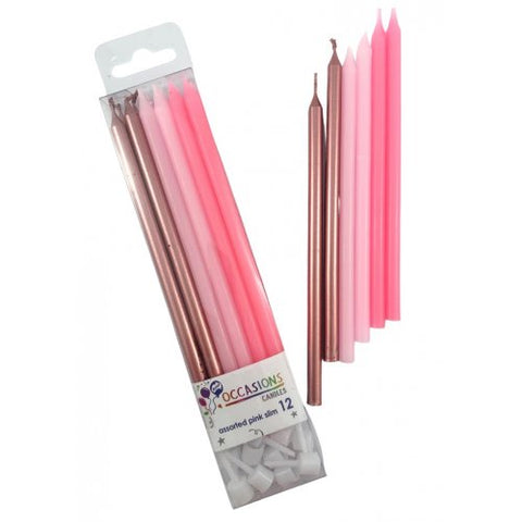 Cake Candle - Pink & Metallic Slim Candles 120mm with Holders Box12