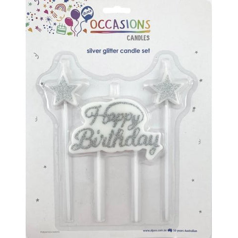 Candle Set - Birthday Plaque & Stars Gliter Silver