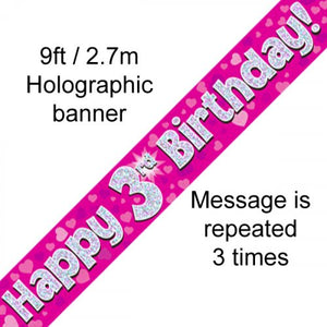 Foil Banner - Happy 3rd Birthday Pink Holographic 2.7m
