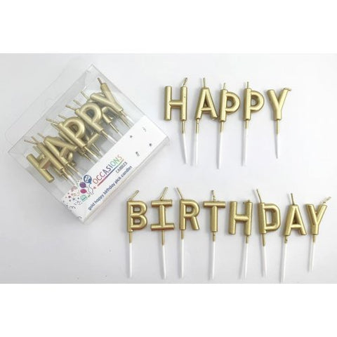 Cake Candle - Happy Birthday Pick Candles Metallic Gold